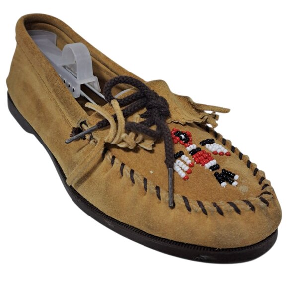 Minnetonka Suede Tan Moccasin Women's Beaded Thunderbird Shoes Flats Sz 11 - Picture 1 of 7